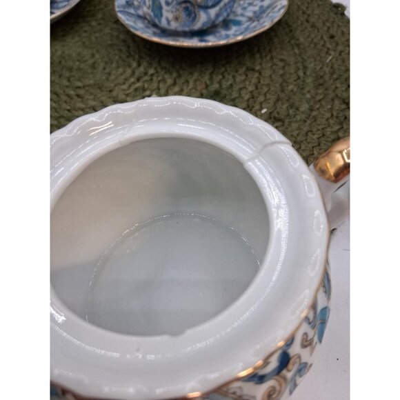 Vintage Lefton China Hand Painted Blue & Gold Floral Tea Set With Sugar Bowl Cre - Picture 2 of 7